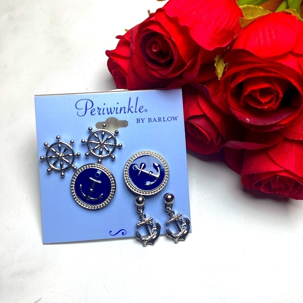 NEW PERIWINKLE BY BARLOW EARRINGS‎ ANCHOR SHIP WHEEL SILVER BLUE COASTAL …